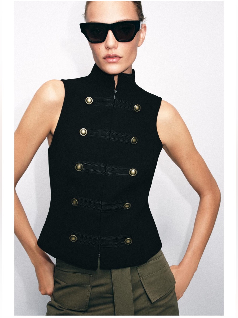 Zara Fireman Clasp Vest, Black Military-Inspired Sleeveless Jacket, L